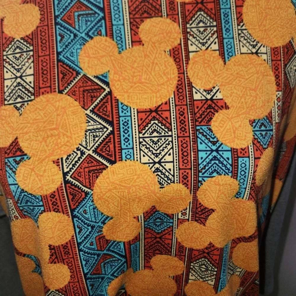 LuLaRoe XL Disney Mickey Mouse Print Raglan Tee Gray Orange Blue Tribal - Picture 3 of 5
